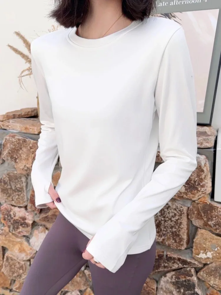 Camiseta deportiva de manga larga con cuello redondo para mujer, Top elástico para Yoga, Fitness, correr, color negro liso, azul marino, camisas de otoño para mujer