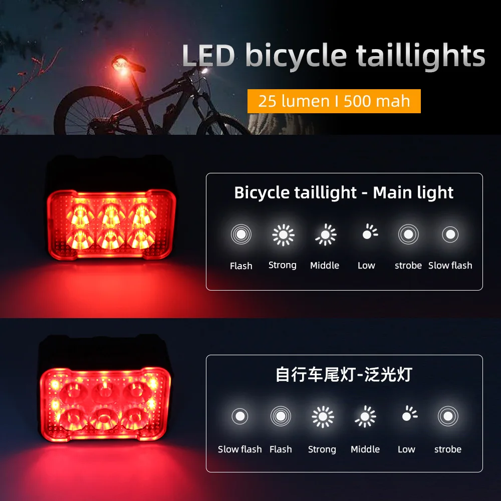 Bicycle Front Rear Light Set Bike Headlight Tailight Rechargeable Waterproof Night Safety Warning Tail Light Cycling Accessories