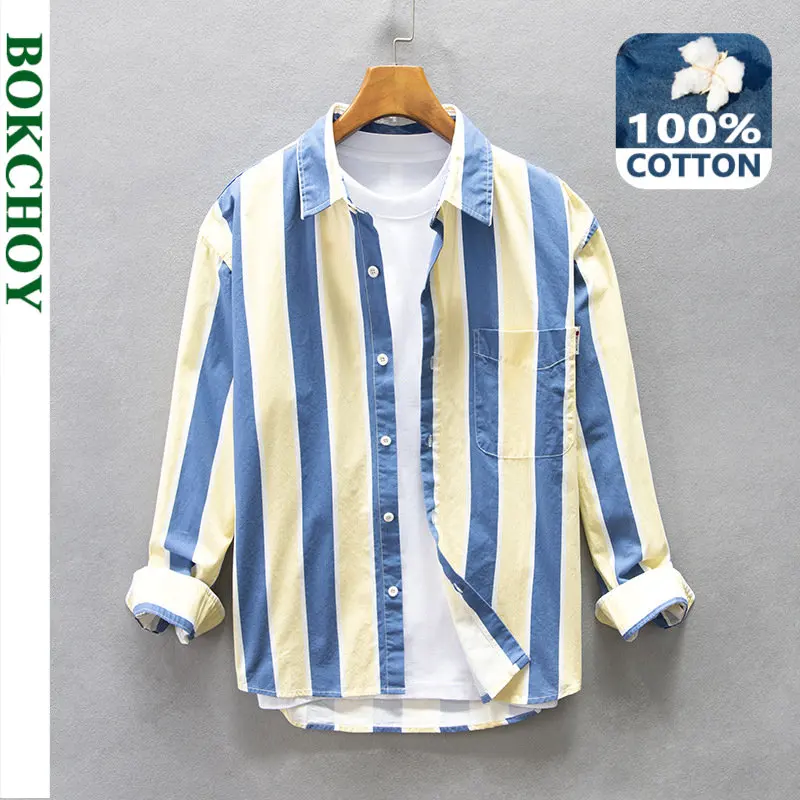 

Autumn Winter New Men's Loose Casual Shirts Big Pockets Blue and Yellow Striped Fashion Cotton Comfortable Tops AZ194