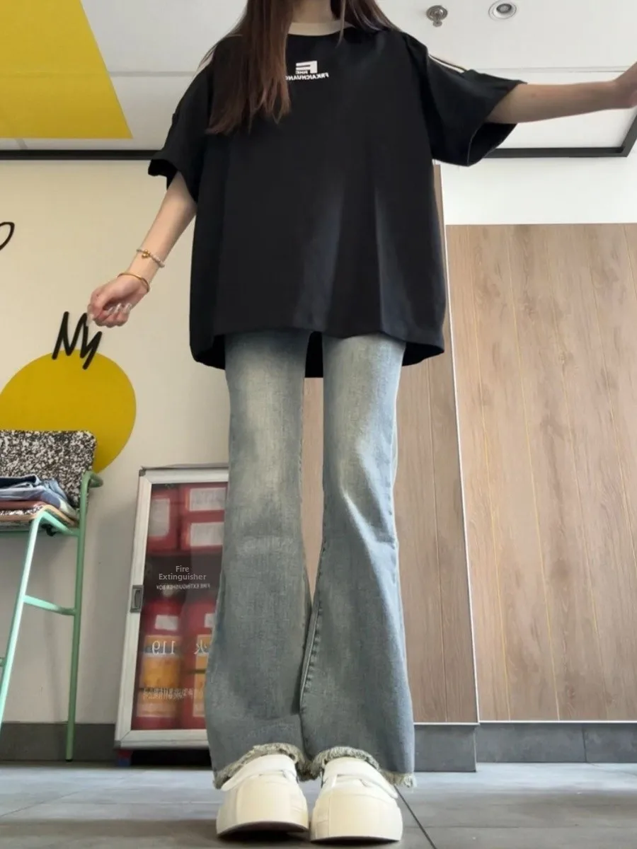 

Широкие джинсы с высокой талией, женские свободные утягивающие джинсы небольшого размера с потертым краем, хлопковые эластичные джинсовые брюки против морщин