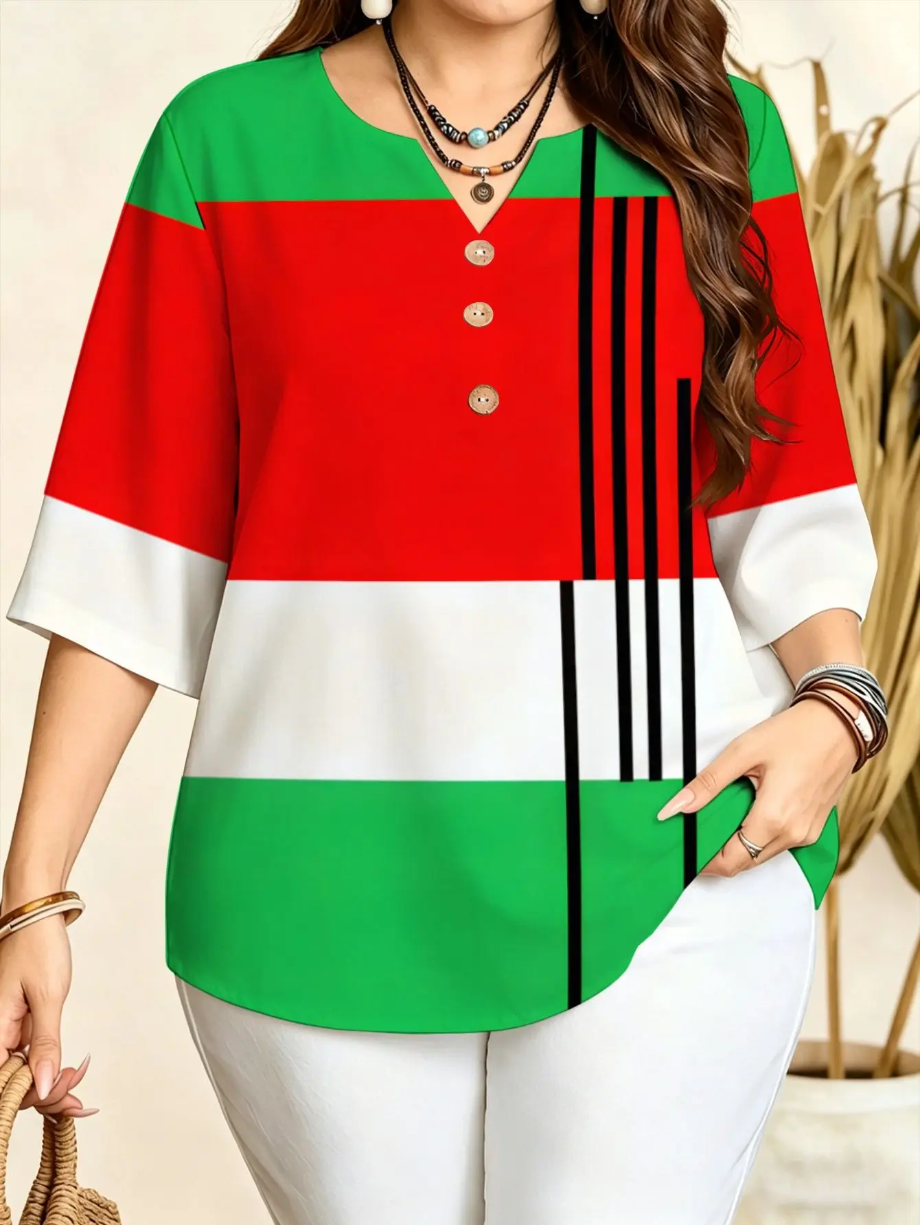 5 Styles Color Block Vertical Stripe Blouses Notch V Neck 3/4 Sleeve Loose Plus Size Women Casual Tops