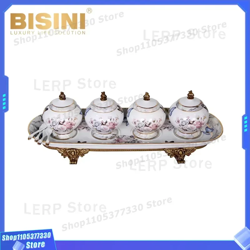 4 Piece Ceramic Sugar Bowl Set With Tray And Spoons Exquisite Pattern Decoration For Kitchen Table Home Furniture Accessories