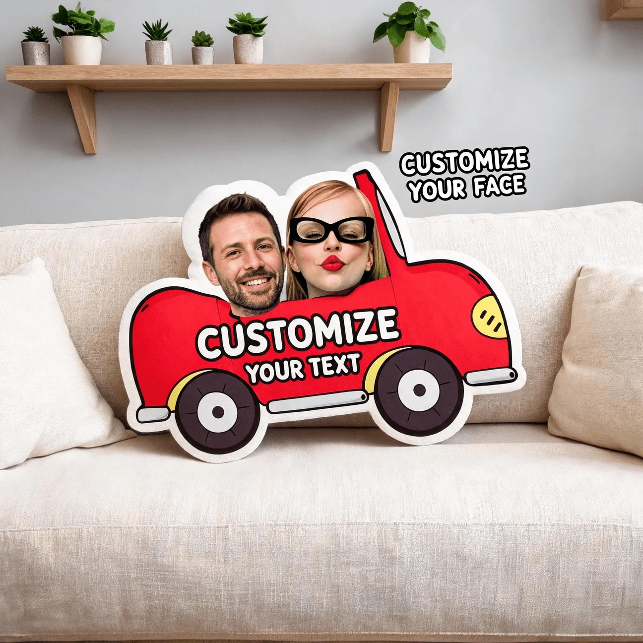Custom Couple Photo Car Shaped Pillow, Personalized Face Red Vehicle Decorative Cushion, Unique Home Decor Accent for Sofa & Bed