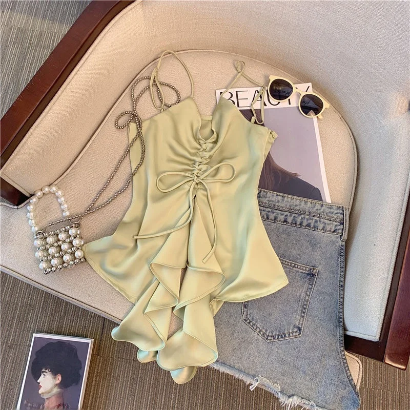 Pure Desire Sweet Spicy V-ne Strap Vest Women's ort Slim Satin Design Sensation Small Top Summer 2024 Faion