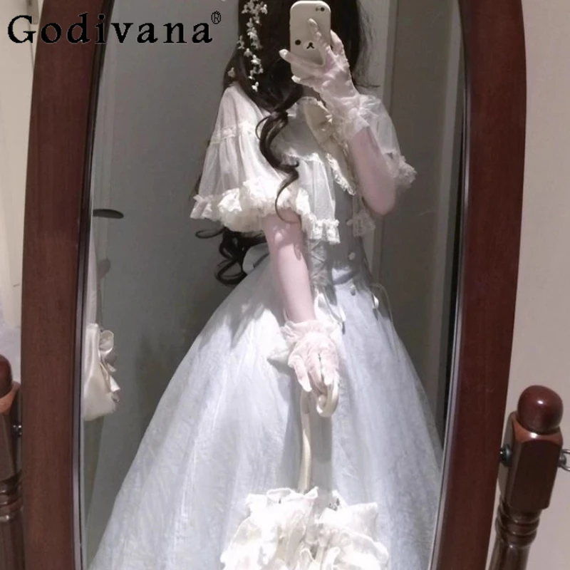 Elegante doorzichtige Lolita taille cinching jurk voor meisjes zomer ballet stijl zoete lange jurk dames prinses boog kanten jurk