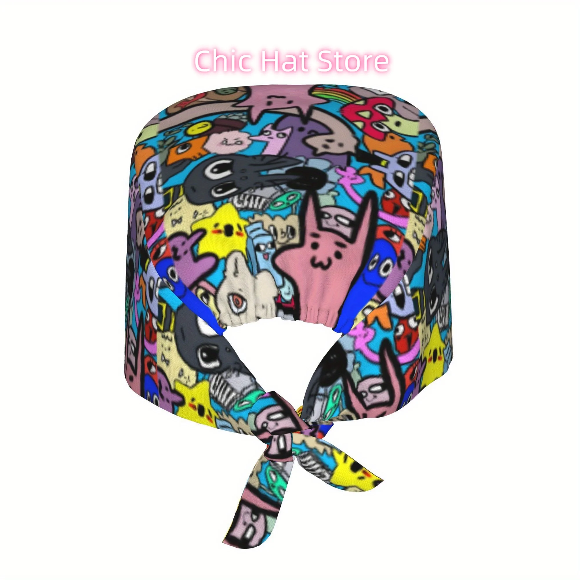 1pc Cartoon Unisex Trendy Printed Work Hat - Lightweight Adjustable Skull Cap with Tie-Back for Nurses, Dustproof Chef & Cooking