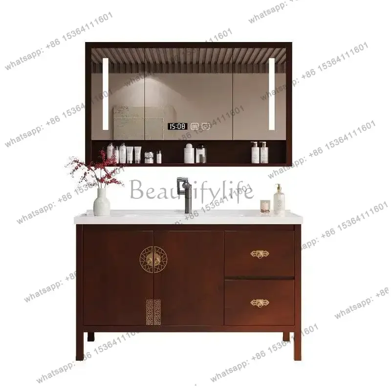 New Chinese oak paint bathroom cabinet, bathroom ceramic integrated basin, wash basin, washstand, bathroom cabinet