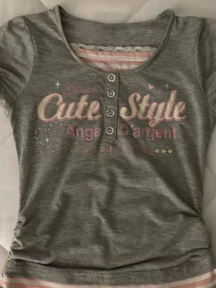 

Japanese Y2K subculture Harajuku girl letter pattern print women's short sleeved T-shirt summer sweet and cute women's tops emo