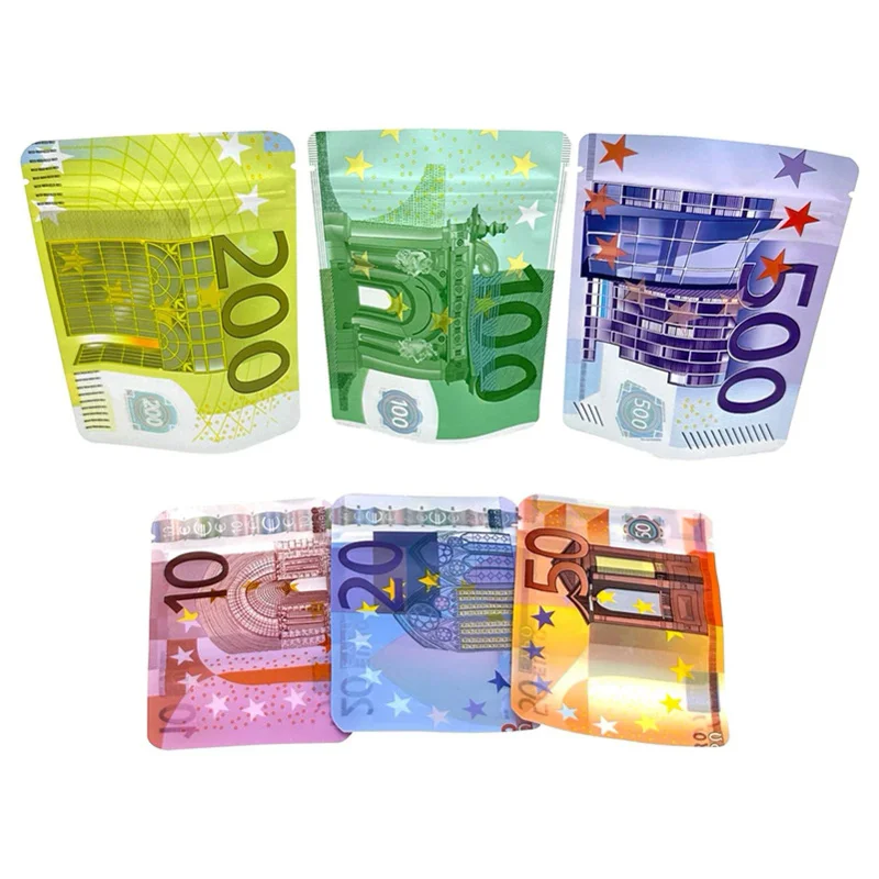 

1g - 3.5g Euro Money Bills Currency Mylar Bag Zip Lock Pouch Self Seal Reusable Smell Proof Food Grade Storage Packaging Bags