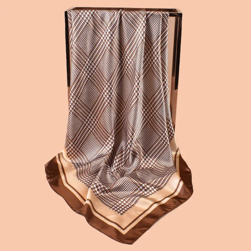 New Houndstooth Square Silk Scarf Women Luxury Brand Satin Print Hijab Scarves Pareo Bandana Female Shawl Wrap Headband Foulard