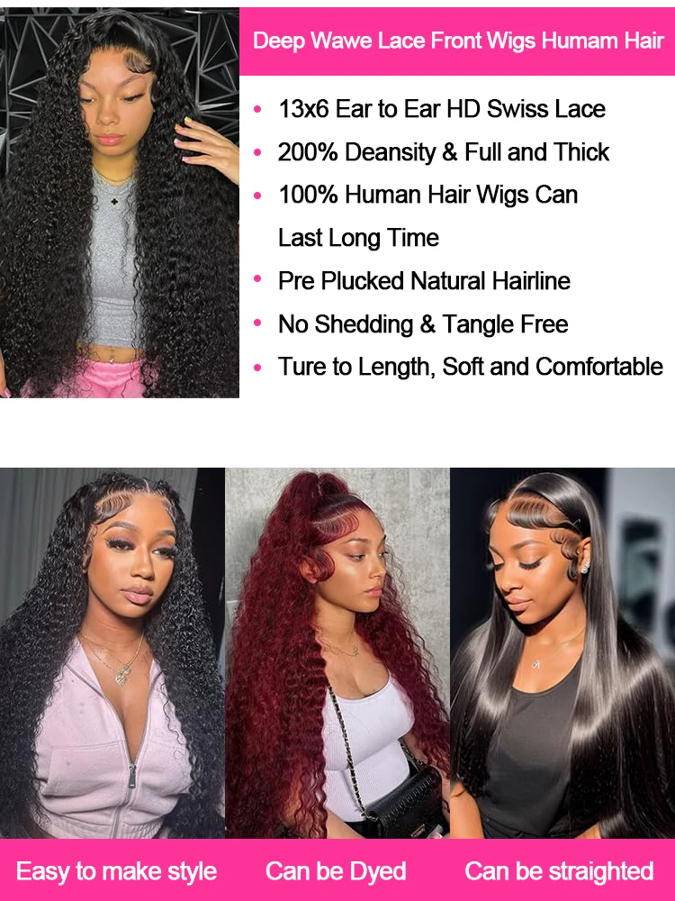 250% High Density 40 46inch Curly Wigs Raw Human Hair 13x4 13x6 HD Lace Frontal Wigs Human Hair Deep Wave Frontal Wigs on Clearance Sale Cheap Wig Pre Plucked with Baby Hair Original Vietnamese Wigs W image 7