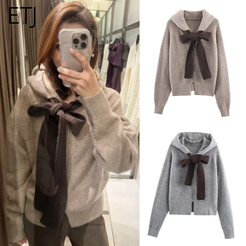 

ETJ 2025 women's new holiday party date gentle cute fashion bow act the role of long sleeve hooded knit coat