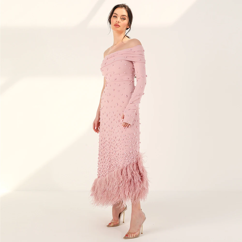 Sharon Said Federn Rosa Meerjungfrau Abendkleid für Frauen Hochzeit Salbeigrün Eine Schulter Arabische Partykleider SS388 Maßgeschneidert