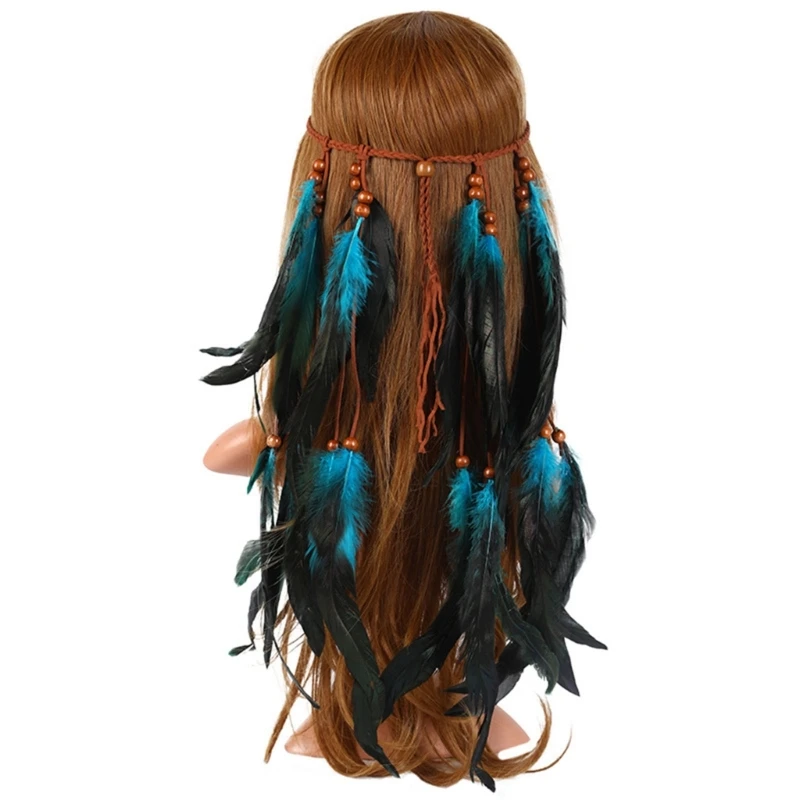 Indian Feathers Headdress Boho Tassels Headband Braid String Headwear for Girls 1970s Native-American Hair Jewelry