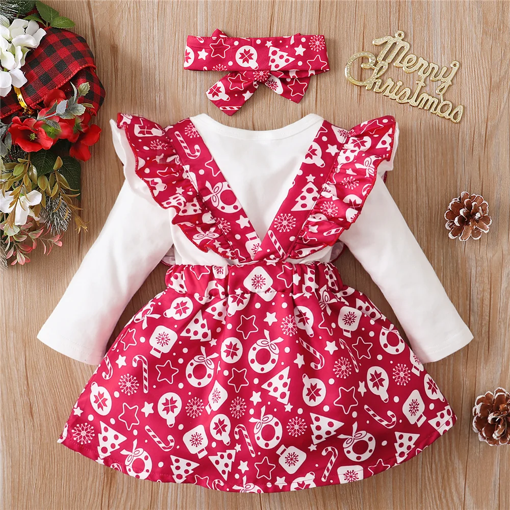 0-18 Months Baby Girl Christmas Set Reindeer Print Long sleeved Bodysuit+Suspender Skirt+Headband 3pcs Baby Girl Christmas outfi