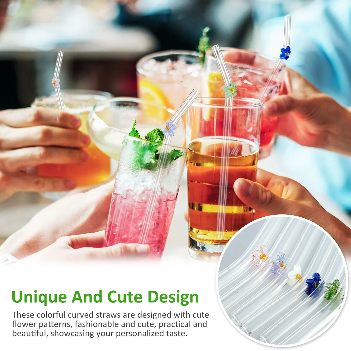 6Pcs Drinking Straws Clear Glass Drinking Staws with Cleaning Brush Cute Flower Tortoise Straws Heat-Resistant Smoothie Straws