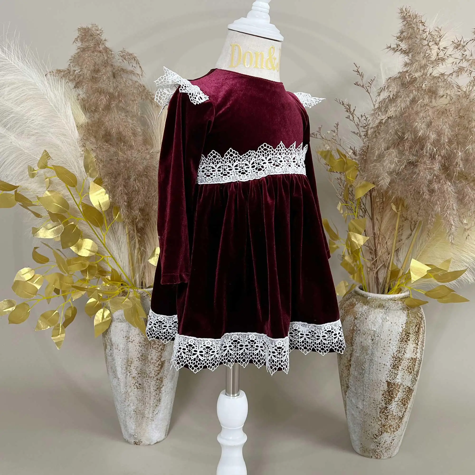 Don&Judy Baby Girl Dress Lace Trim Skirt Long Sleeves Korean Fleece Dress For Autumn Baby Birthday Gift Cloth For Photography