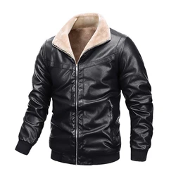 Winter Men's PU Leather Jackets Fashion Men Retro Zipper Biker Leather Coats Men Fleece Lined Warm Windbreaker Jackets Clothing