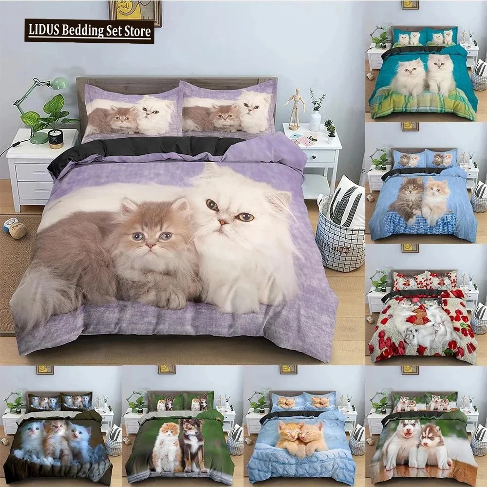 

Cute Cats Duvet Cover Puppy Pattern Bedding Set Comforter Covers For Bedroom Twin King Size Soft Quilt Cover Home Textile 23pc