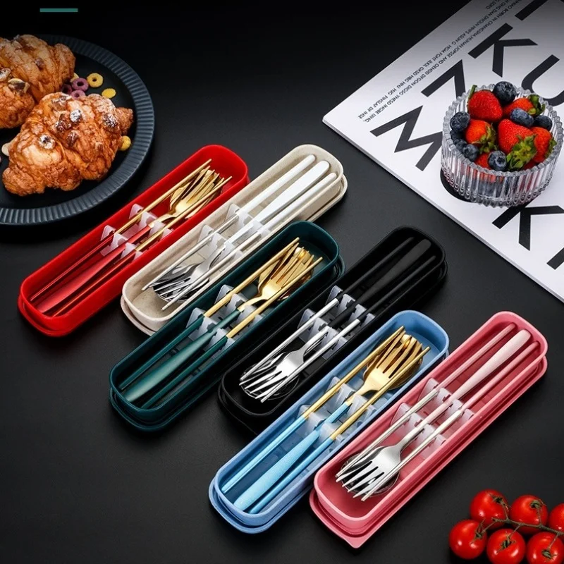 Juego de utensilios portátiles de acero inoxidable, cuchara, tenedor, palillos de 3 piezas para viajes, Camping, almuerzo escolar, comedor de estilo coreano