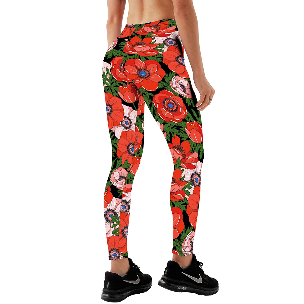 FCCEXIO Neue 3D Rote Tropische Blumen Druck Mädchen Leggings Hohe Taille Elastische Hosen Fitness Frauen Sport Leggings Weihnachten Geschenk