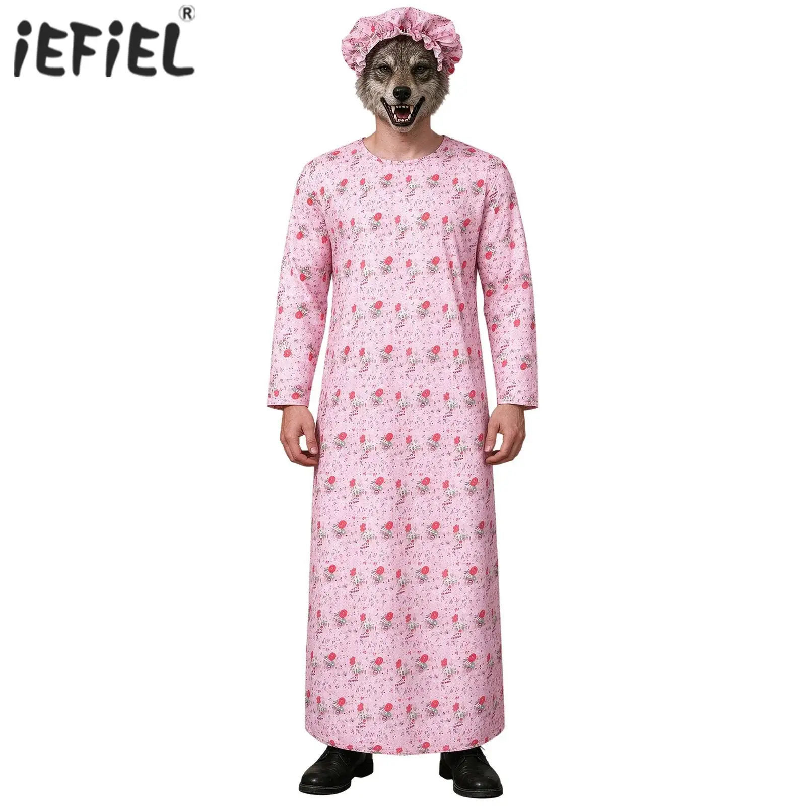 Damen Vintage Blumenmuster Langarm Maxikleid mit Rüschen-Haube Halloween-Outfit Festival Kostüm Party Bühnenkostüm