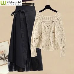 Spring and Autumn Fashion Set Women's 2023 New Korean Style Cutout Knitted Top Half Skirt Elegant Women's Two Piece Set