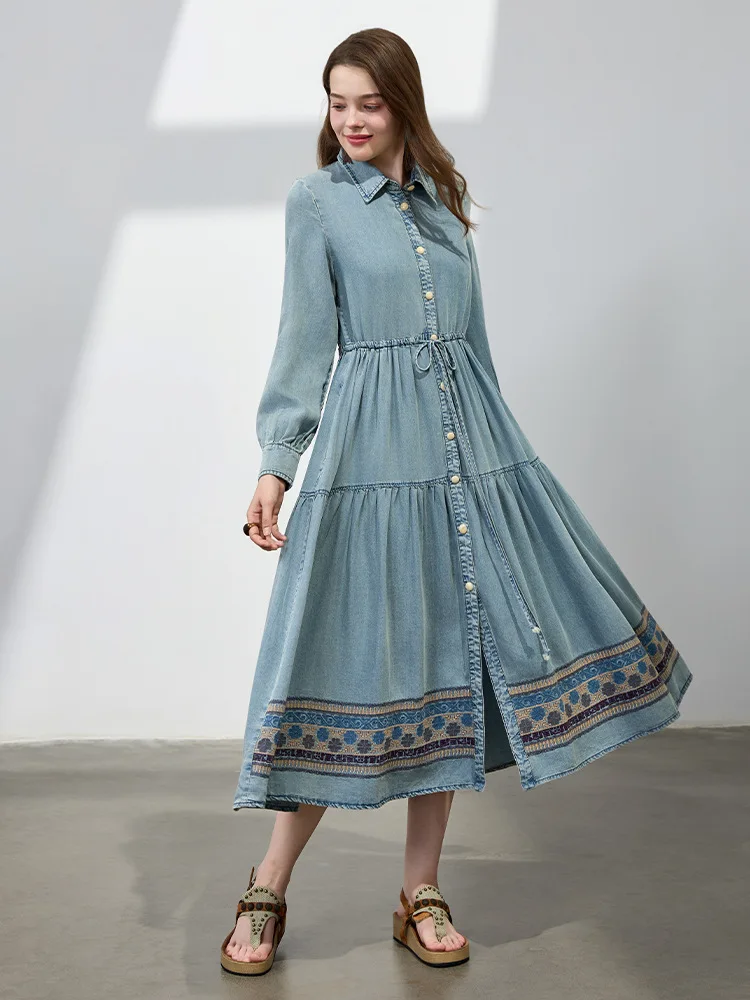 Ladies Elegant A-line Shirt Dress New Arrival 2025 Spring Vintage Style  Embroidery Single Breasted Women Casual Dresses M1348