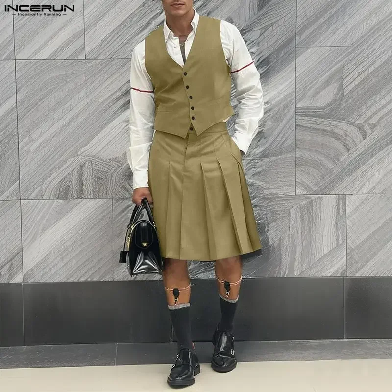 

INCERUN мужские комплекты однотонные жилеты без рукавов с v-образным вырезом и плиссированные юбки комплекты из двух предметов уличная одежда индивидуальные модные мужские костюмы