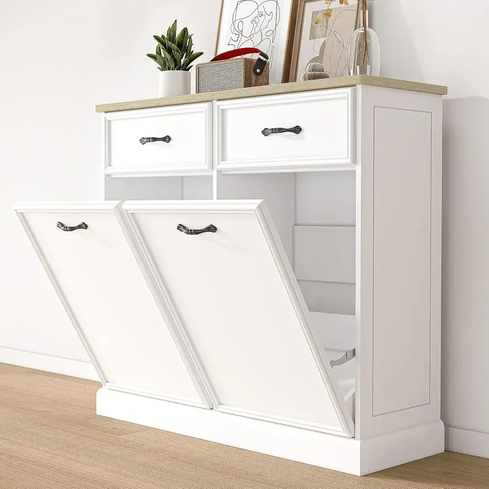 20 Gallon Freestanding White Trash Bin Cabinet for Kitchen, Dining, and Living Room