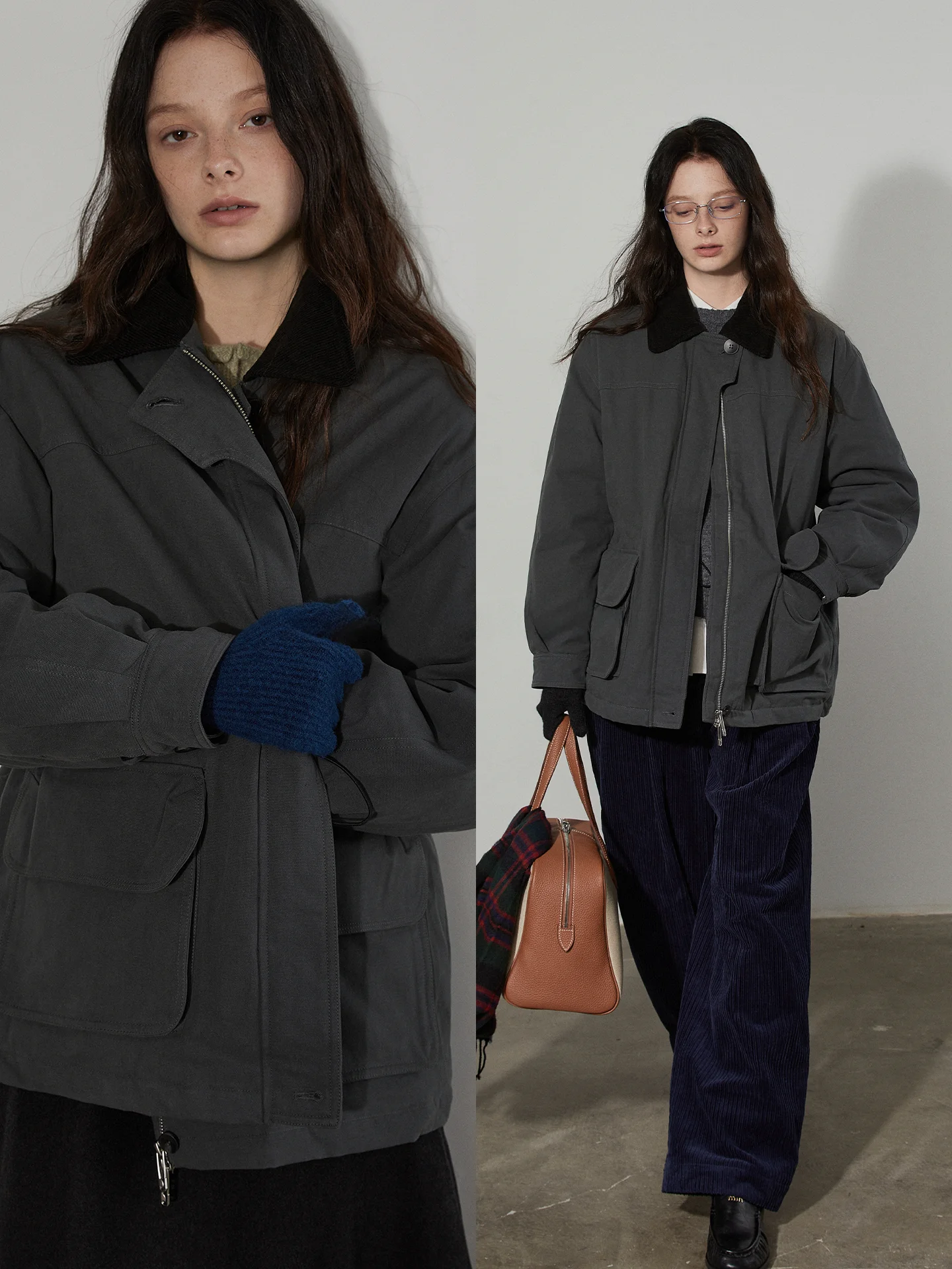 

Lofi Choose Corduroy Lapel Patchwork Workwear down Jaet Women's Winter New Sle Loose Outerwear White Du down Filling