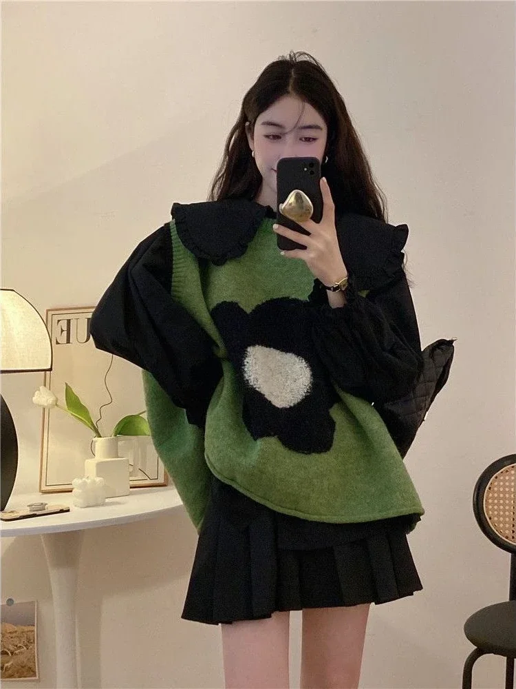 Green Lady Sweaters Flowers Knit Vests for Women Loose Pullover Waistcoat Casual Aesthetic Tops 2024 Y2k Autumn Winter Wool Warm