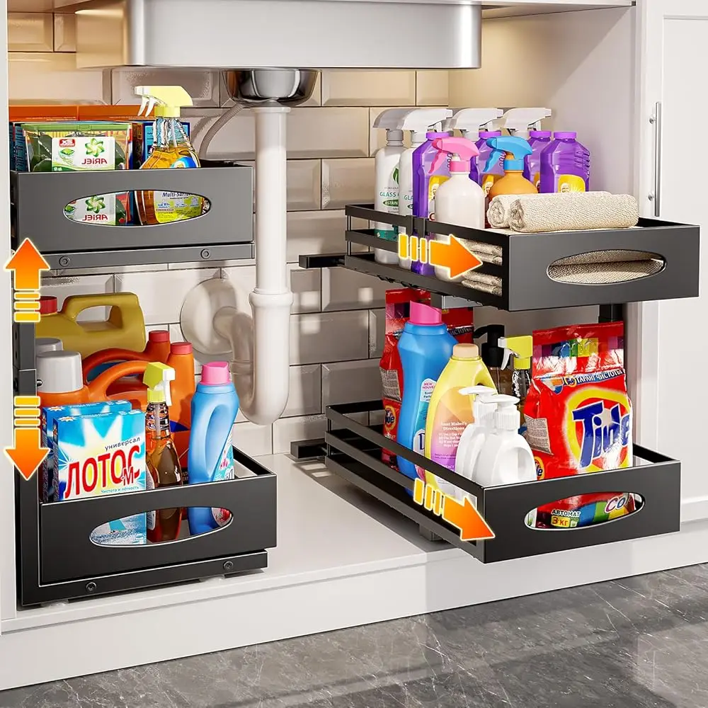 

Under Sink Organizer, Pull Out Cabinet Organizers, Slide Sink Steel Shelf Cabinet Storage Shelves, Under Sink Storage For