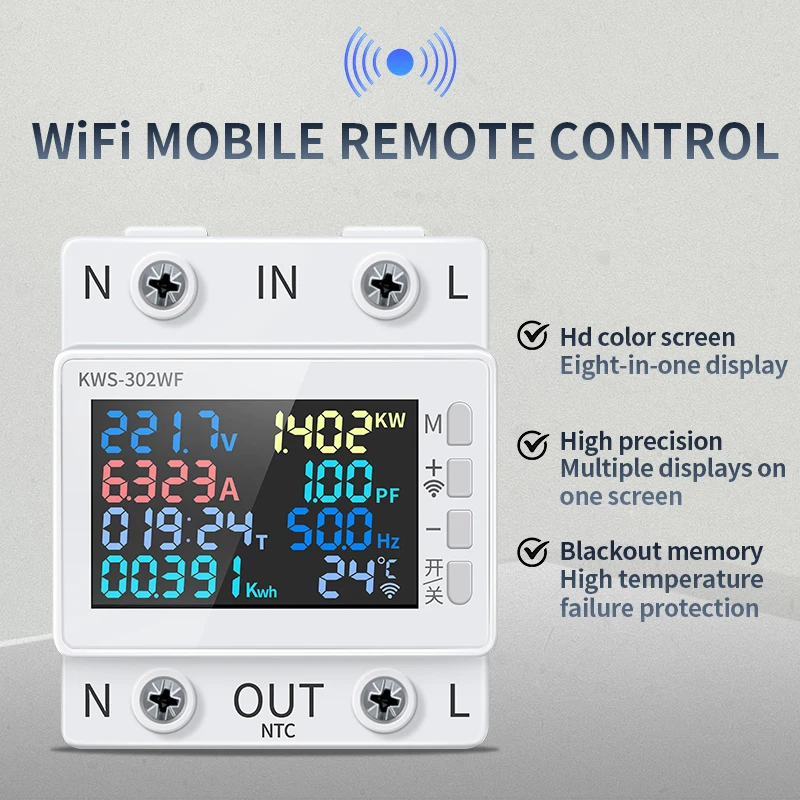Tuya WiFi 8in1 Power Meter AC Energiemeter Digitaal kleurenscherm 2P 170-270V / 63A Spanningsstroommeter APP Relais Stroomonderbreker