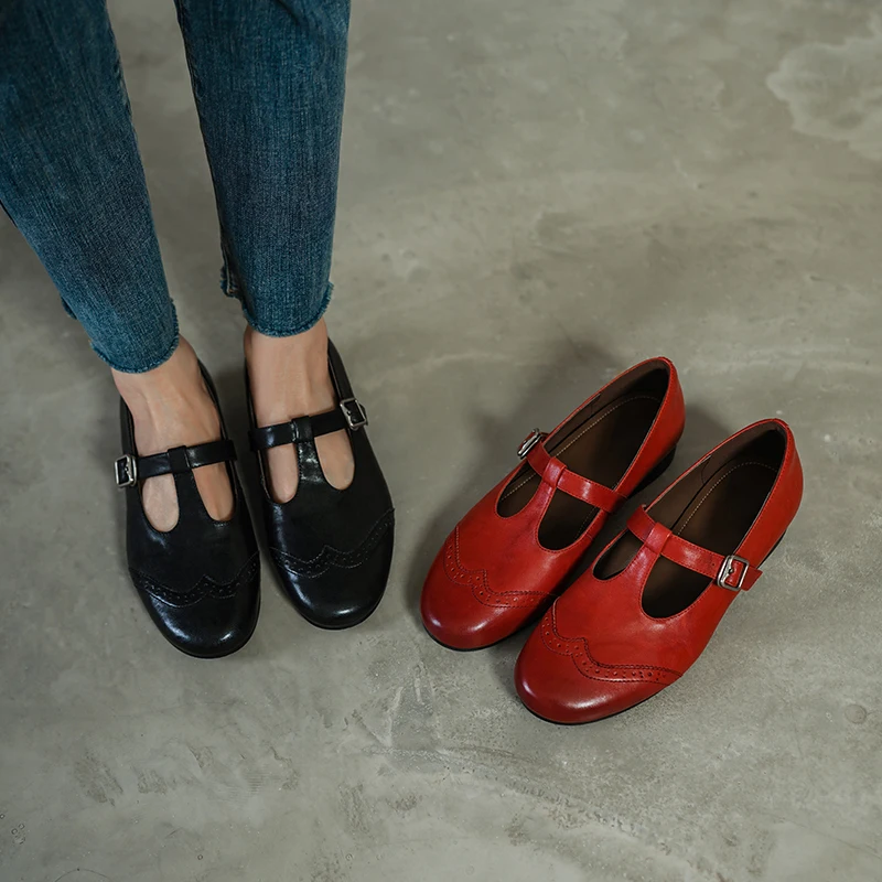 2026 new spring autumn women pumps natural leather 22-25cm cowhide+sheepskin+pigskin round toe t-buckle loafers women shoes