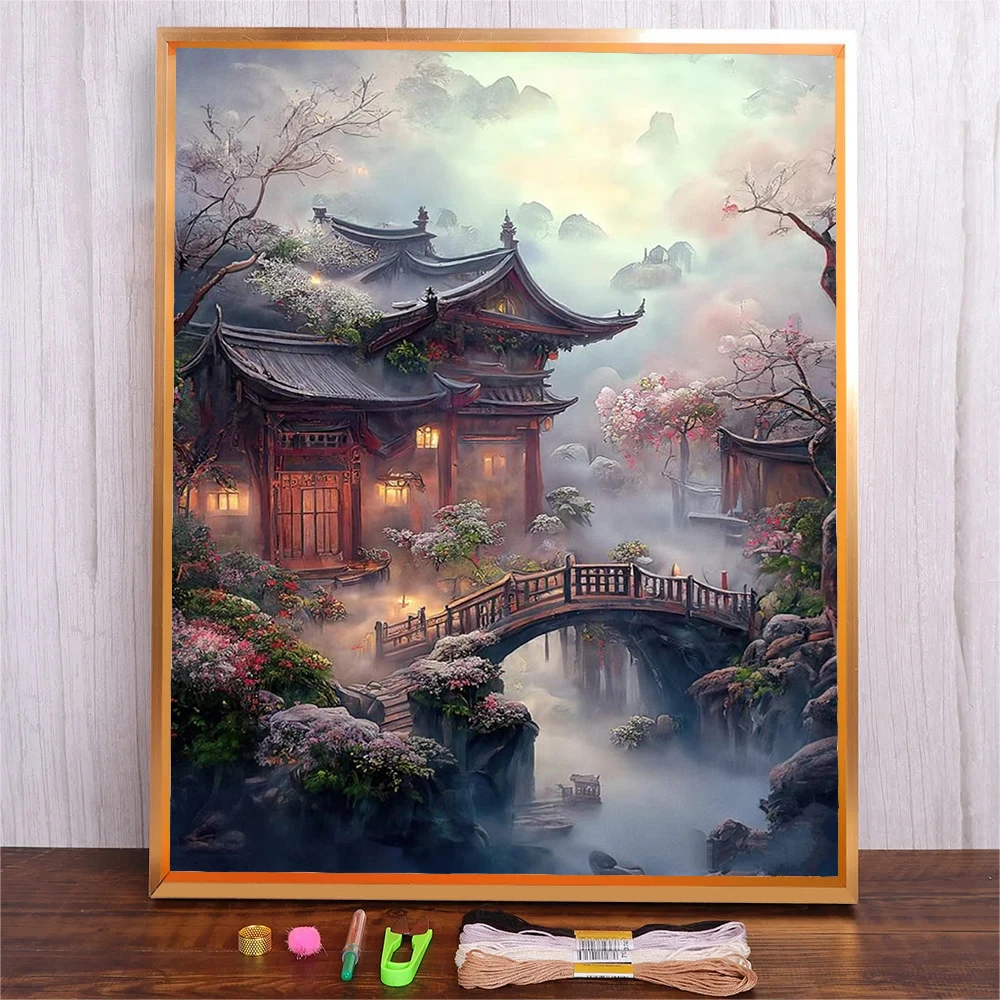 

Full Pattern DIY Embroidery Kit Beginners With Sewing Chinese Retro Building Printed Cross Stitch Craft Hand-stitched Home Decor