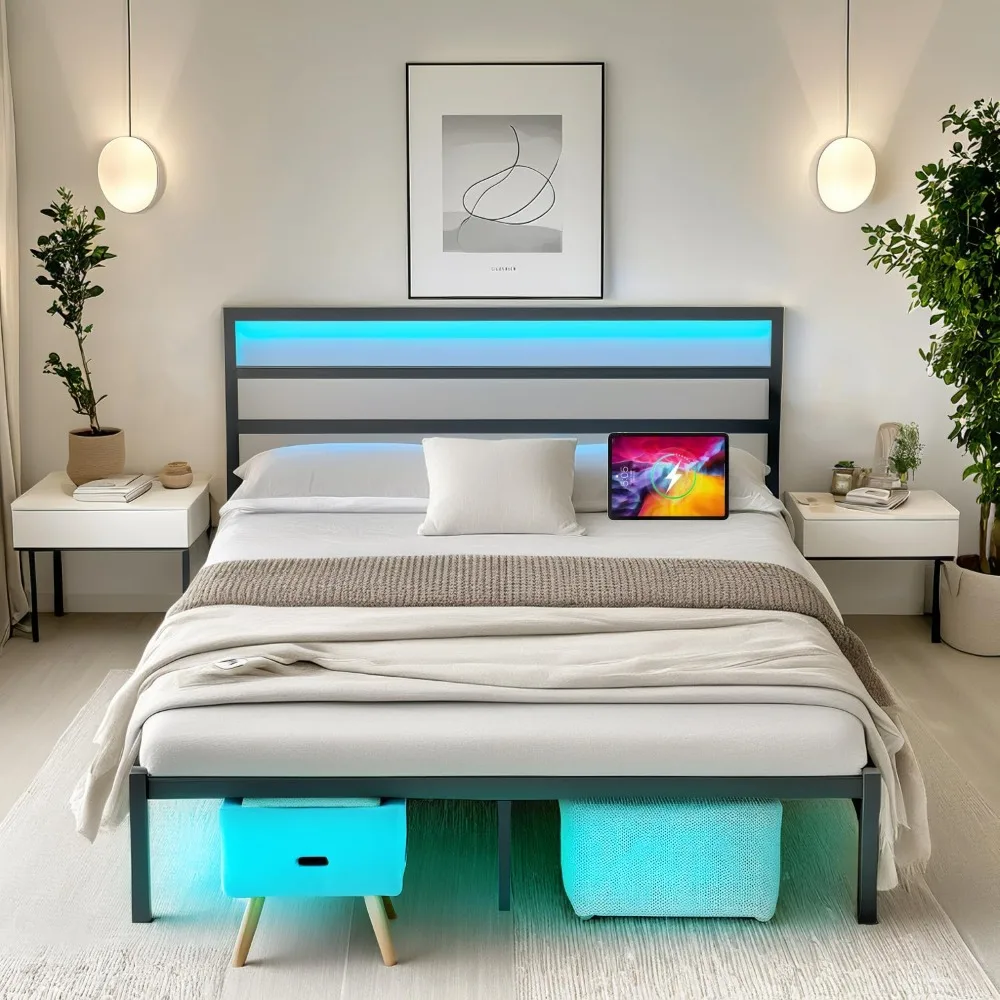 

Full Size Bed Frame with Headboard,Heavy Duty Steel Slats Support-LED Bed Frame with USB Charging Station,Mattress Foundation-Un