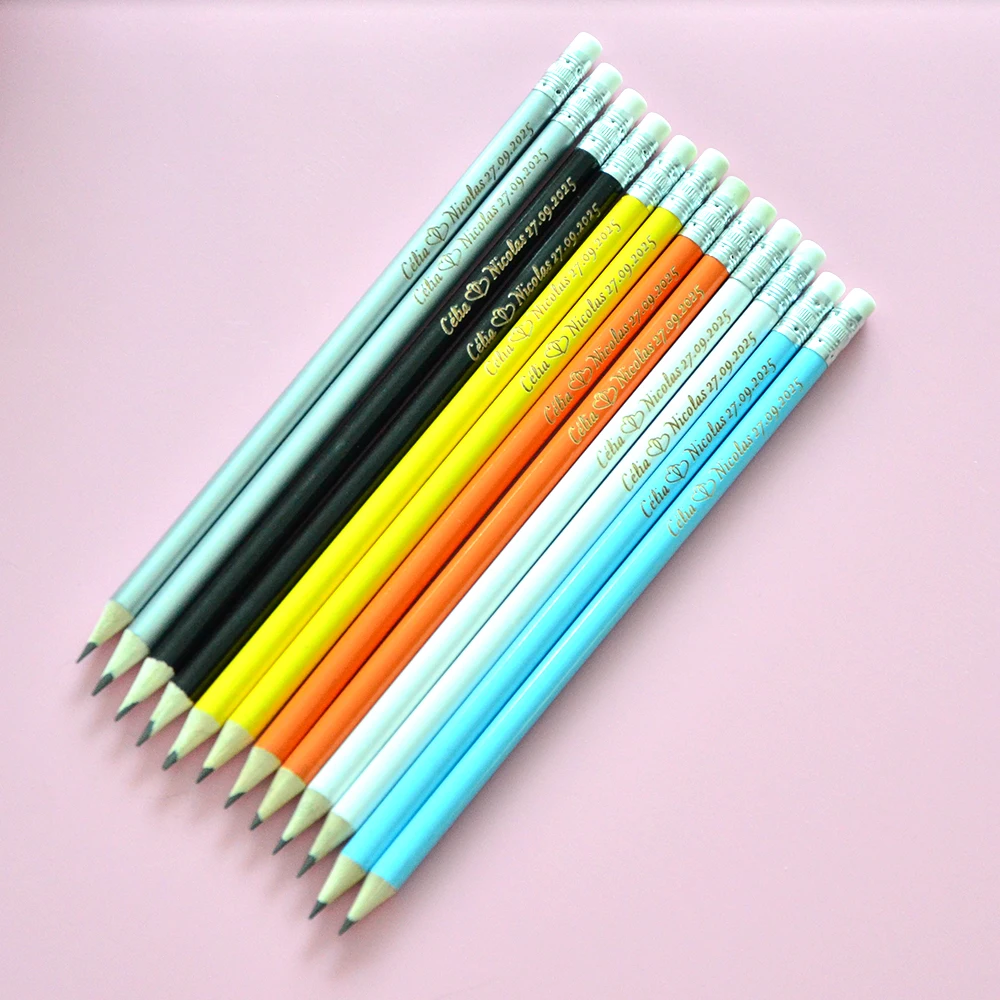 100pcs Personalized Colored Wooden Pencils Customized School Decor Pencil With Eraser Wedding Gift Favors Baby Shower Party view 4