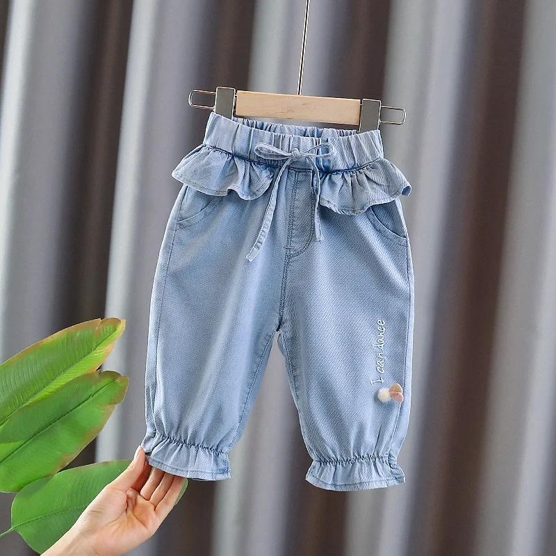 

Summer Girls Loose Casual Wide Leg Jeans Silk Pants Soft Faionable Seven Points Casual Trousers for Baby Girls