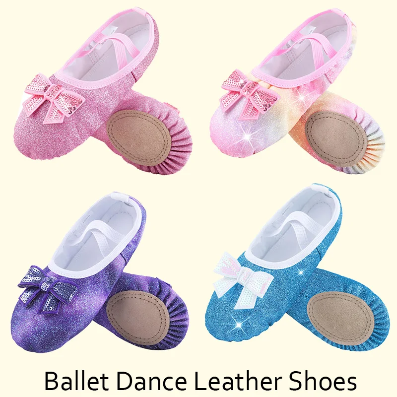 الفتيات بريق الشقق الباليه الرقص أحذية من الجلد للفتيات الجمباز الرقص ممارسة سبليت وحيد لا التعادل مع القوس سباركلي