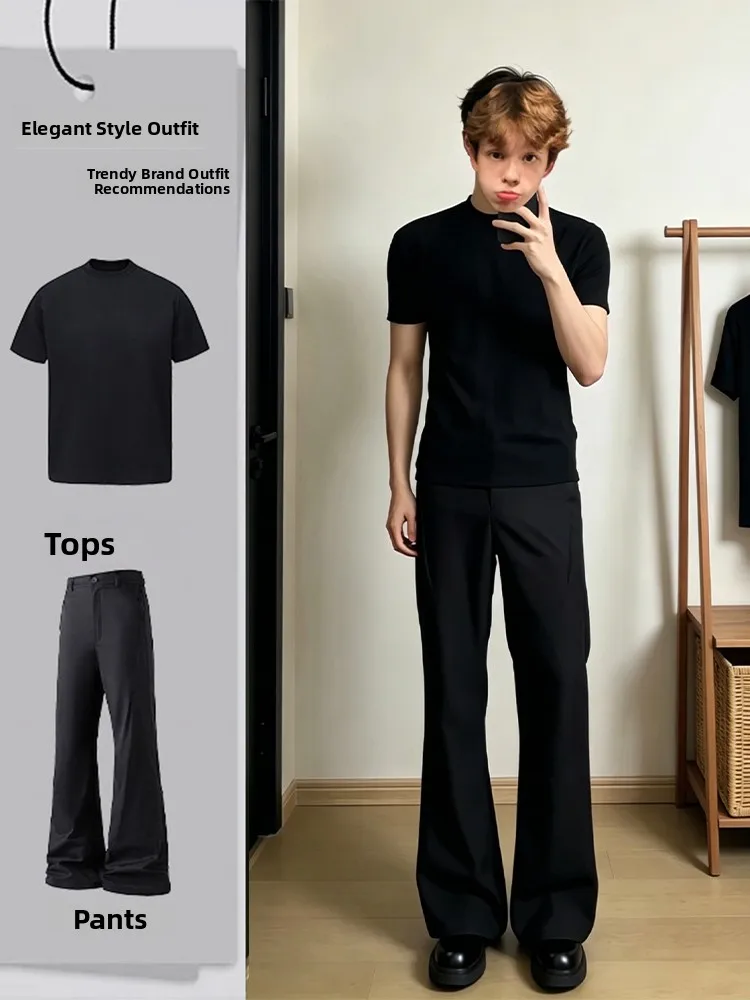 

Black Slim Fit Short Sleeve T-Shirt Set Men's Summer Fashion Straight Leg Micro Flare Pants One Whole Set Youth Casual Wear