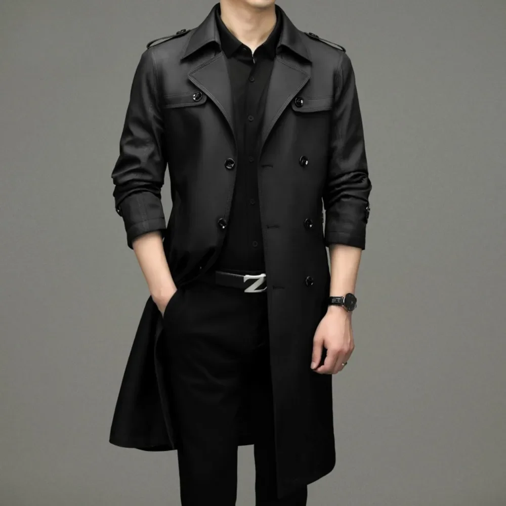 Men's non ironing knee length double breasted windbreaker coat, spring and autumn new long windbreaker