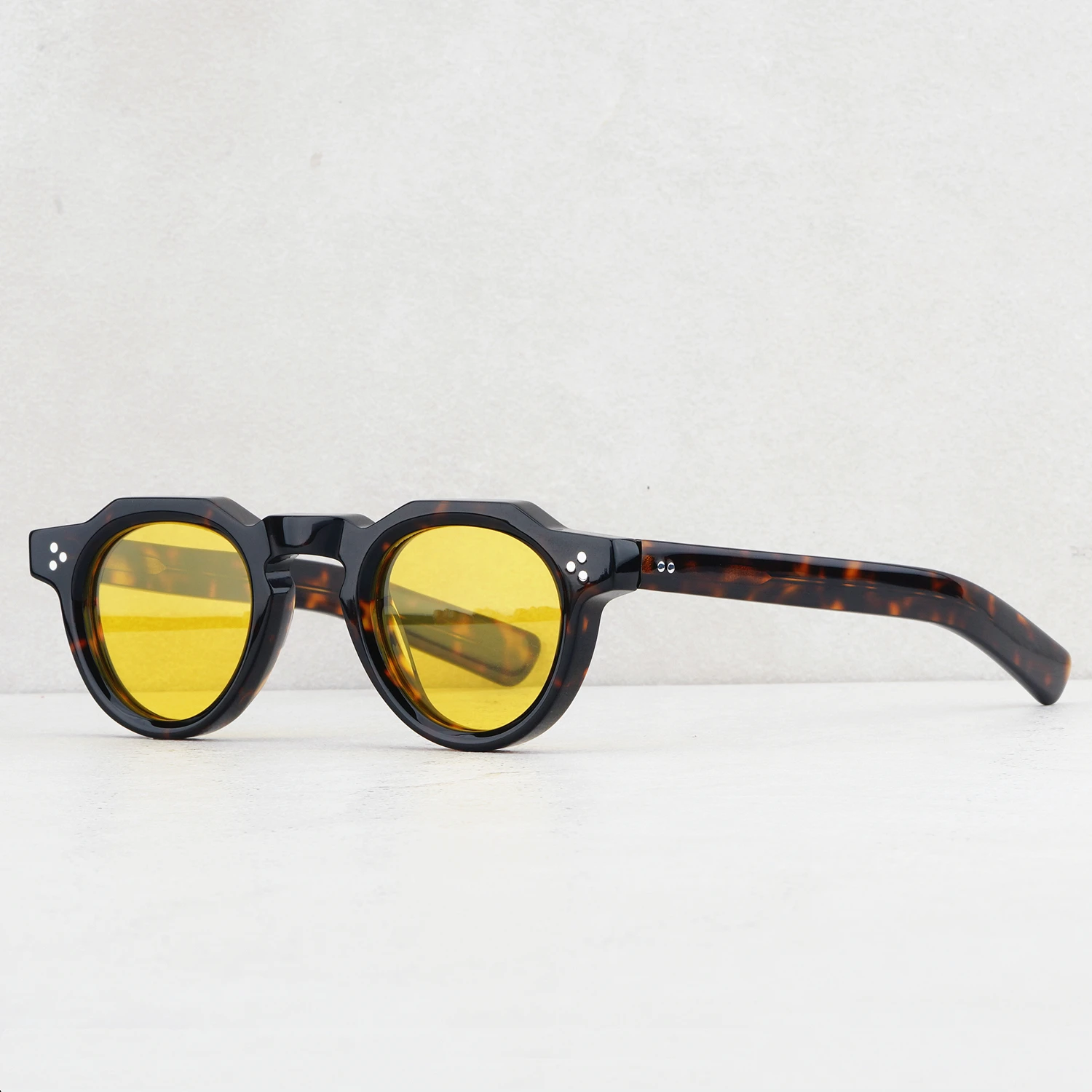 Fashion Vintage Sunglass Thick Solid Acetate Frame Stereo Cutting UV400 Polarized Lens Retro Small Round Women Man High Quality