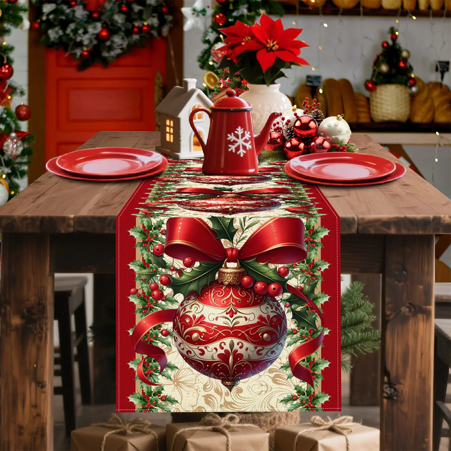 1pc Elegant Holly & Bow with Christmas Ball Decor Table Runner Suitable for Dining Table, Kitchen, Party Decor - Rectangular