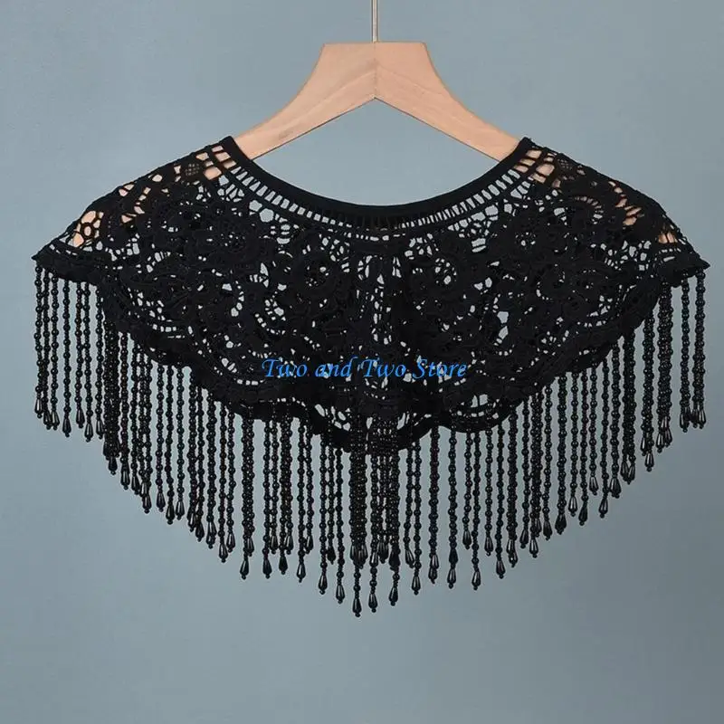 HX6F Elegant Pearls Fringe Antique Shawl For Women And Lady Soft Polyester Fabric Beads Detailing Delicate Beaded Cloak