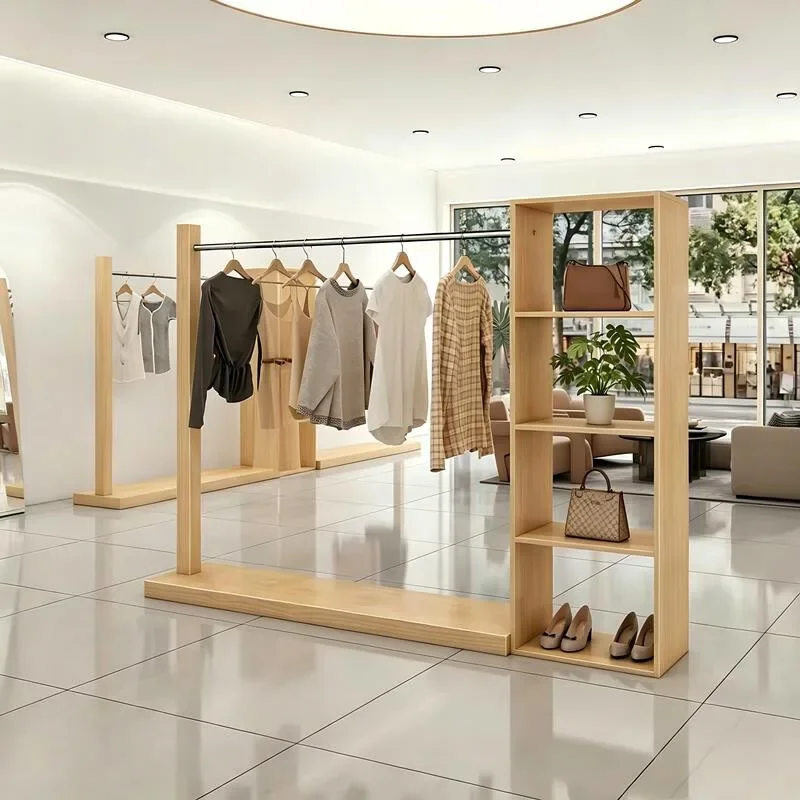 Women's clothing store Solid wood floor-to-ceiling hangers Clothing store Log Nakajima rack Display shelves
