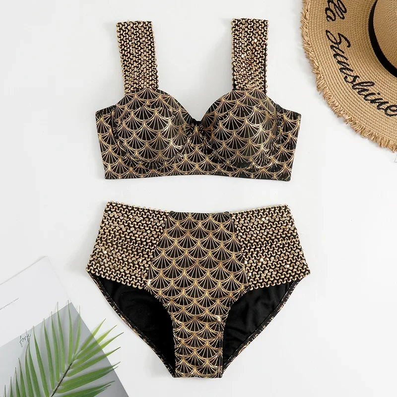 セクシーなゴールドエンボス加工ハイウエストビキニセット レディース水着 シーズン新作 ツーピース水着 トレンドビーチファッション