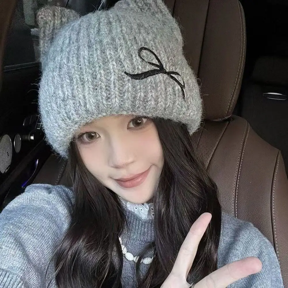 

Cute Solid Color Cat Ear Beanie Windproof Thickened Knitted Woolen Hat Korean Style All-match Knitted Skullies Autumn