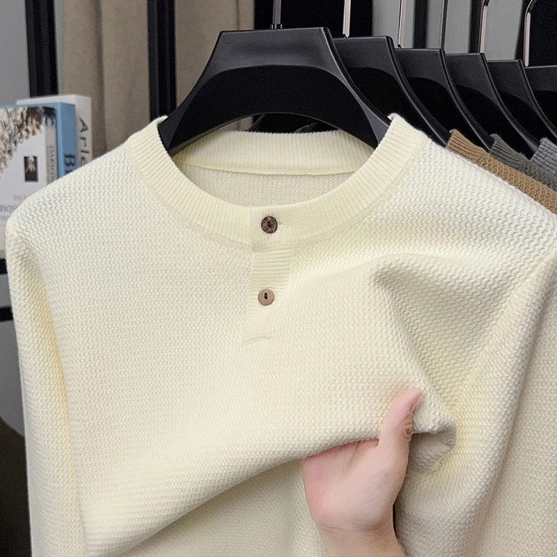 

2025 New Handsome Men's Solid Color Long Sleeved Knitted Sweater Versatile Sweater Knitted Autumn Base Sweater Round Neck