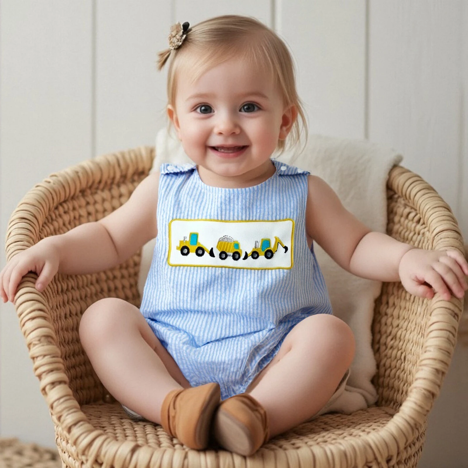 Cute Baby Boys Summer Romper Casual Digger Embroidery Striped Print Sleeveless Jumpsuit Newborn Toddler Bodysuits Clothes